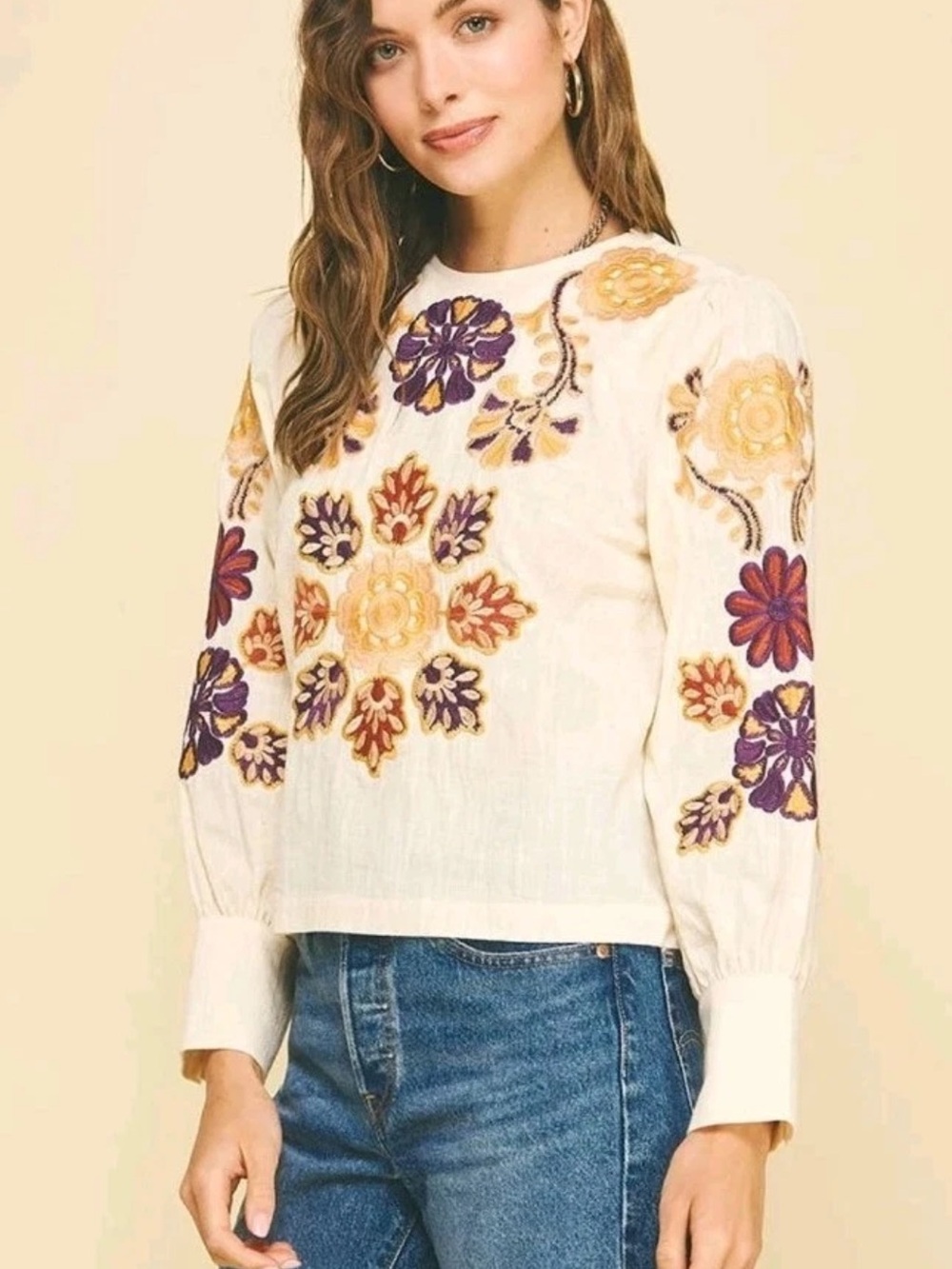 Pinch Cream Embroidered Floral Long-Sleeve Blouse